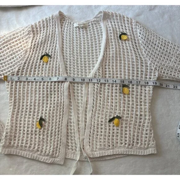 White Knit Cardigan With Yellow Lemon Embroidery & Tie Front Closure Womens XL - Picture 11 of 14